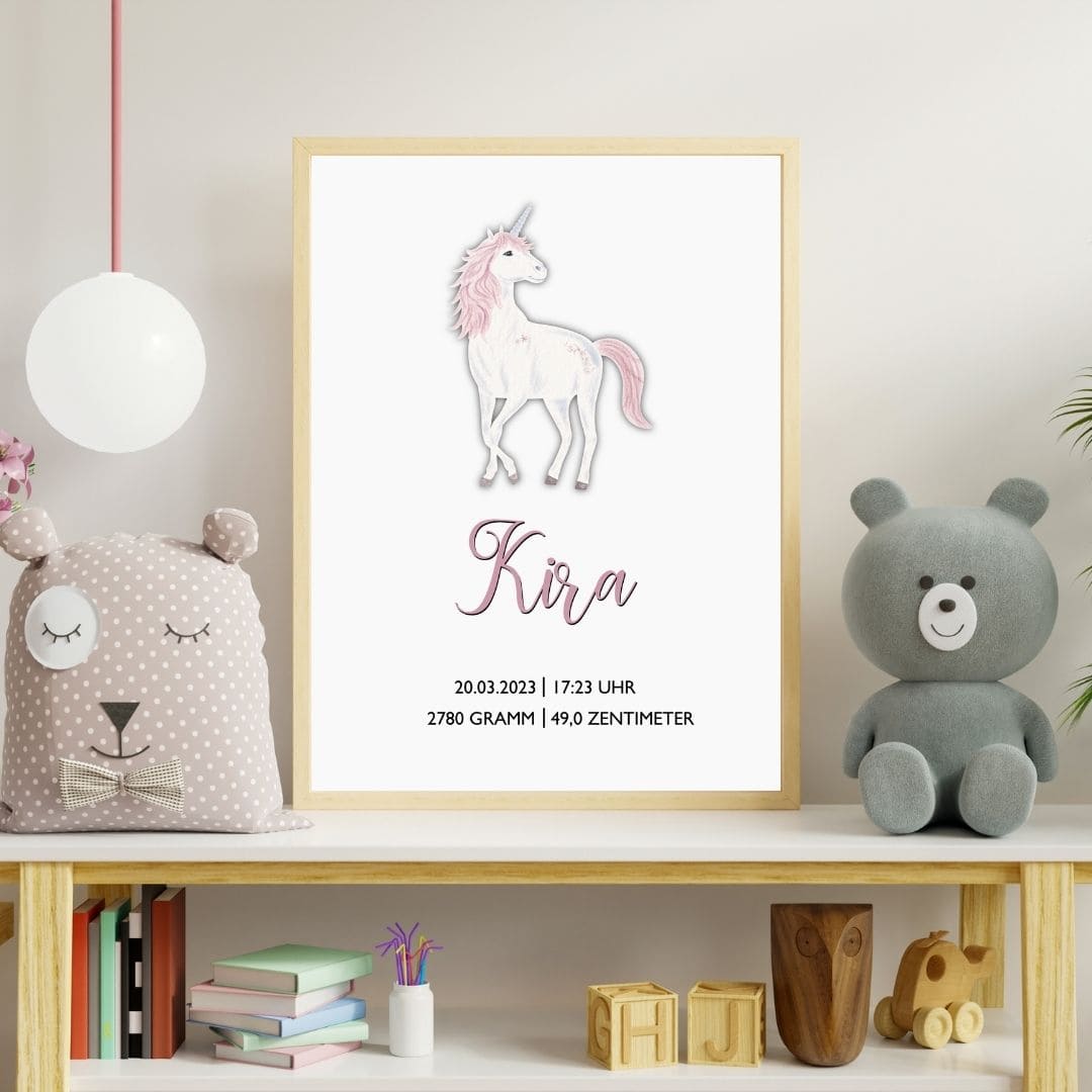 Personalisiertes Geburtsposter zum Download, Poster mit Geburtsdaten, Namen, Geschenk zur Geburt, Taufe, DIN A4 Einhorn
