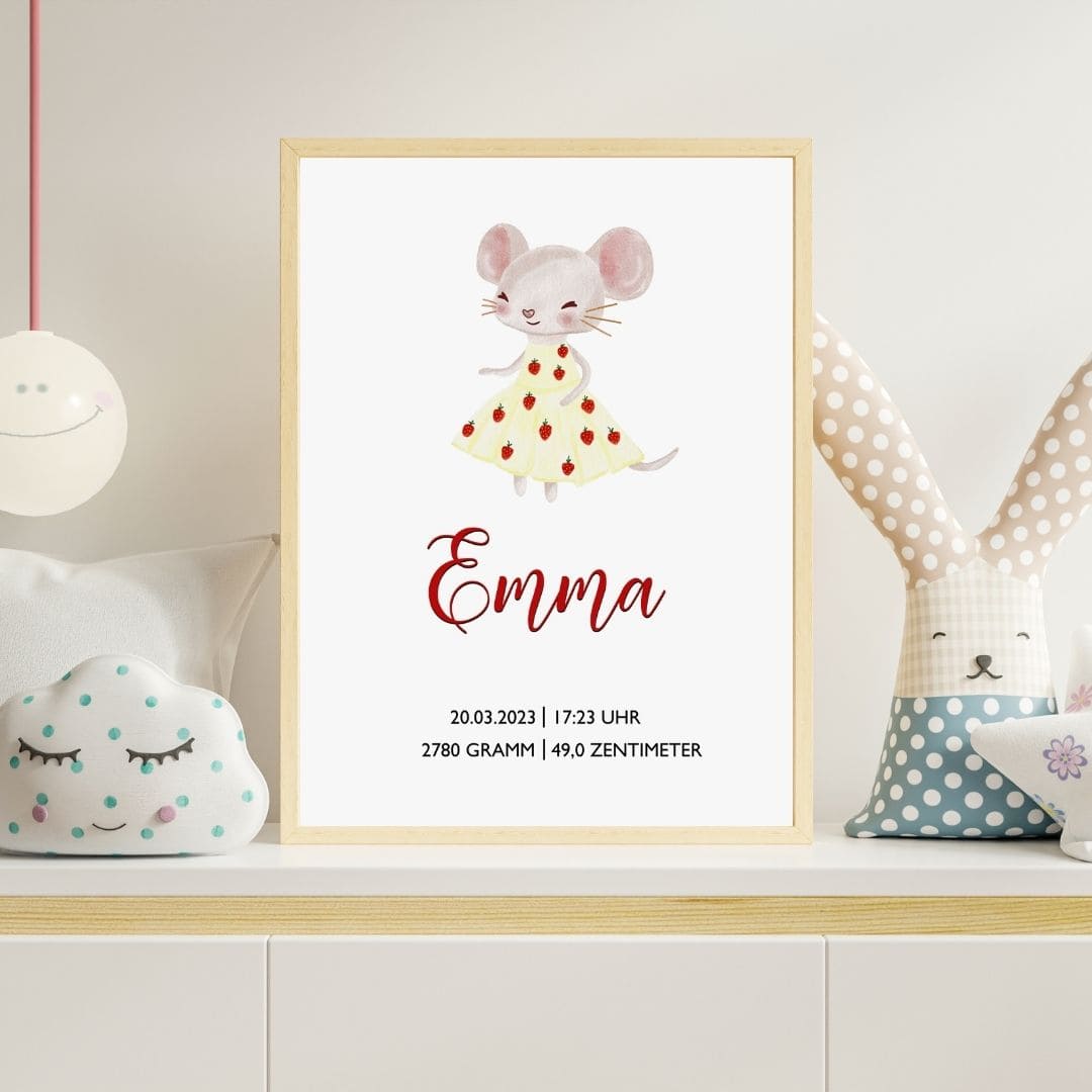 Personalisiertes Geburtsposter zum Download, Poster mit Geburtsdaten, Namen, Geschenk zur Geburt, Taufe, DIN A4 Maus