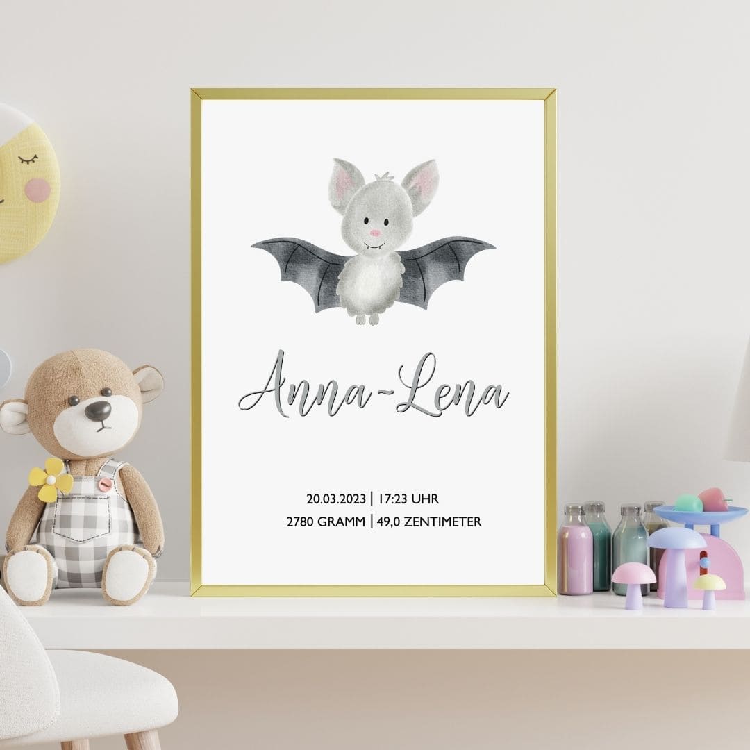 Personalisiertes Geburtsposter zum Download, Poster mit Geburtsdaten, Namen, Geschenk zur Geburt, Taufe, DIN A4 Fledermaus