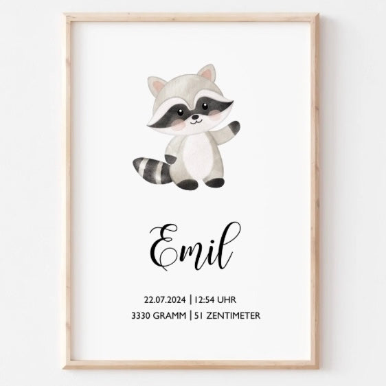 Personalisiertes Geburtsposter zum Download, Versandprodukt, Waschbär, Poster mit Geburtsdaten, Namen, Geschenk zur Geburt, Taufe, DIN A4