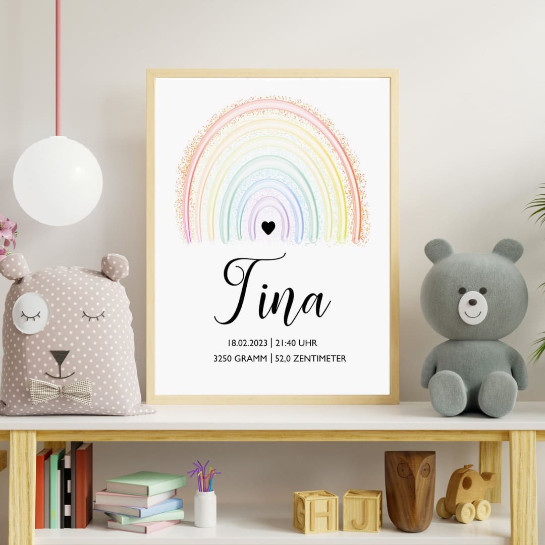 Personalisiertes Geburtsposter zum Download, Poster mit Geburtsdaten, Namen, Geschenk zur Geburt, Taufe, DIN A4 Regenbogen