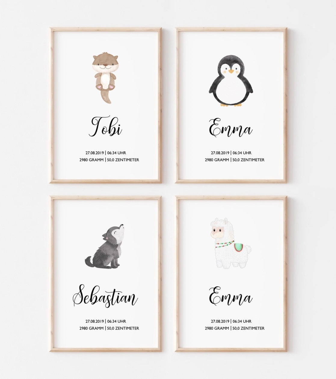 Personalisiertes Geburtsposter zum Download, Versandprodukt, Tiere, Otter, Pinguin, Wolf, Lama, Poster mit Geburtsdaten, Namen, Geschenk zur Geburt, Taufe, DIN A4