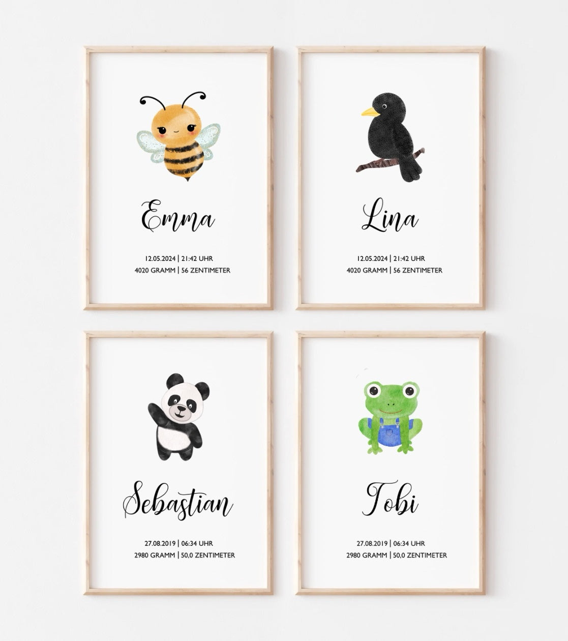 Personalisiertes Geburtsposter zum Download, Versandprodukt, Tiere, Biene, Rabe, Panda, Frosch, Poster mit Geburtsdaten, Namen, Geschenk zur Geburt, Taufe, DIN A4 (Kopie)