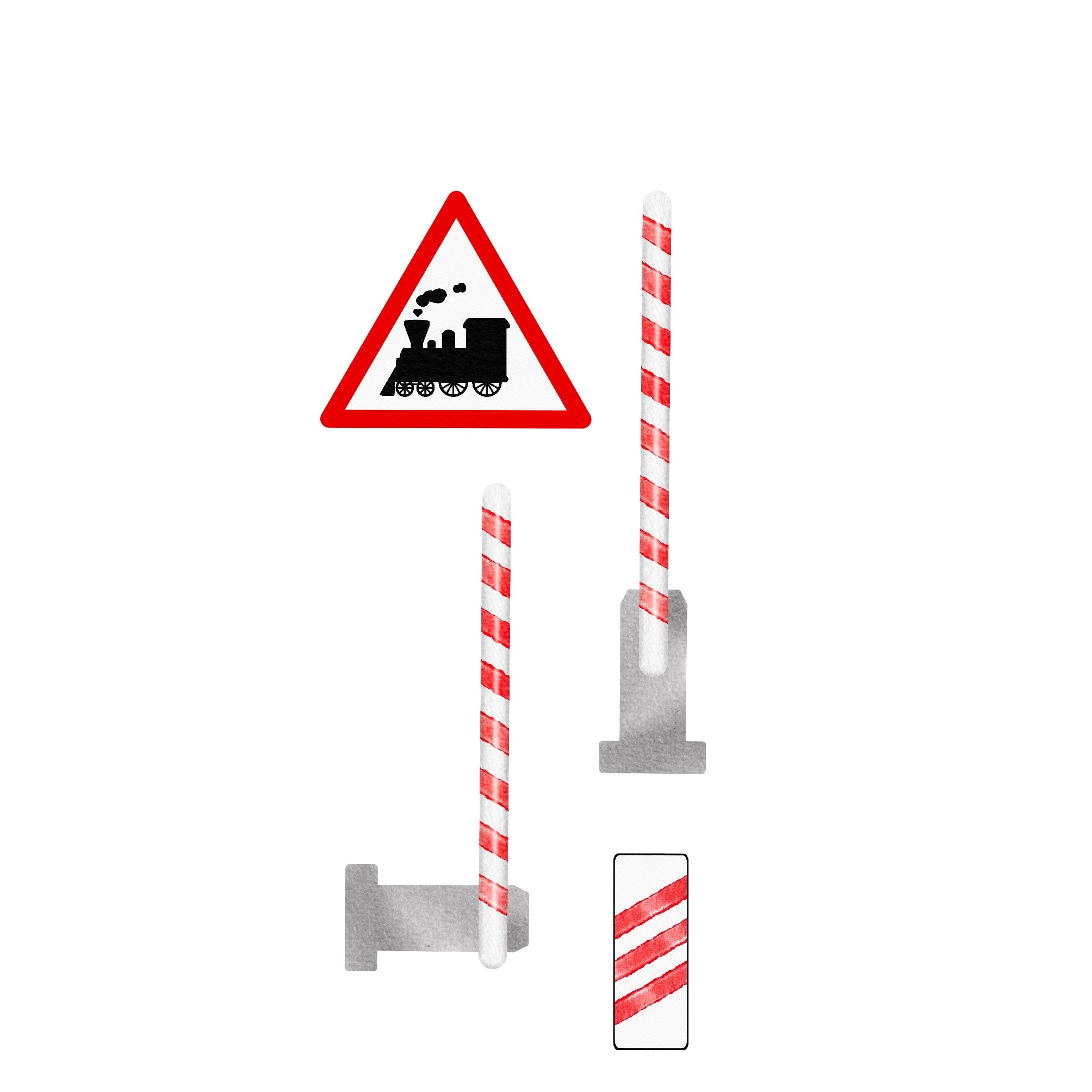 Bügelbild Schranken, Bahnübergang und Bake