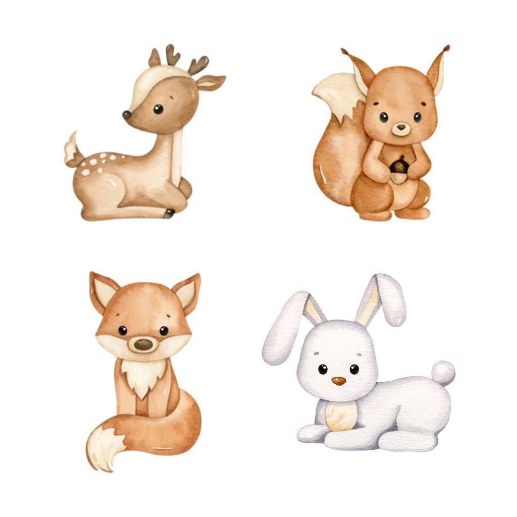 Bügelbild kleines Set aus Reh, Eichhörnchen, Fuchs und Hase