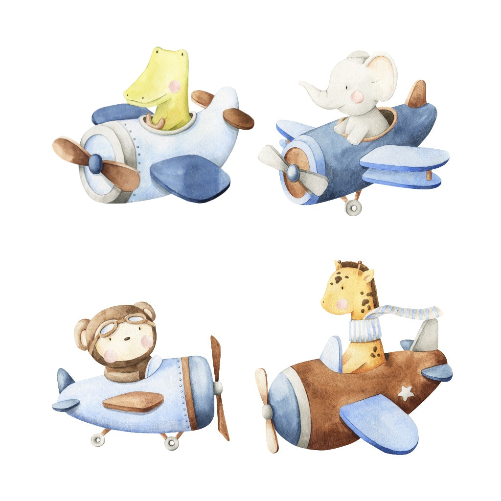 Bügelbild kleines Set aus Krokodil, Elefant, Bär und Giraffe im Flieger
