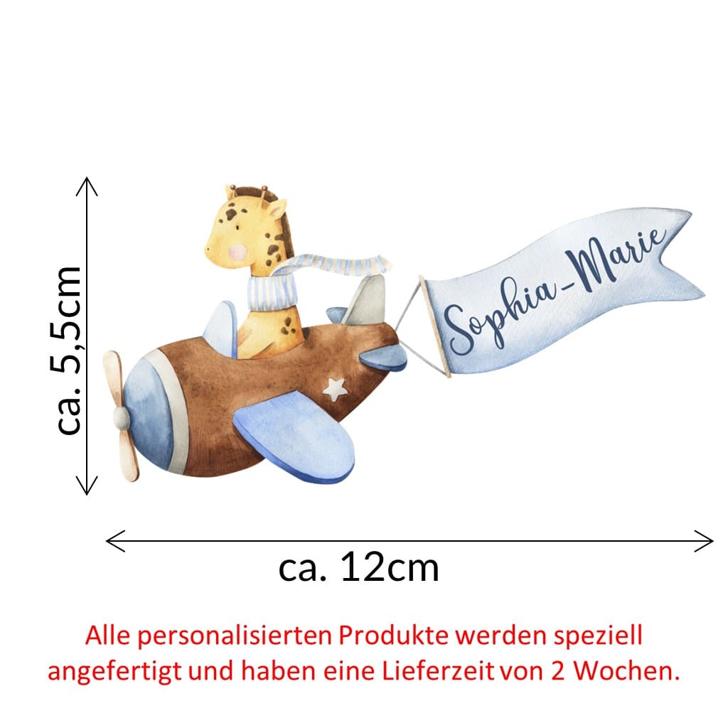 personalisiertes Bügelbild Giraffe im Flieger
