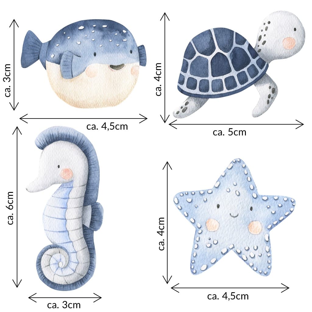 Bügelbild kleines Set aus Seestern, Kugelfisch, Seepferdchen und Schildkröte