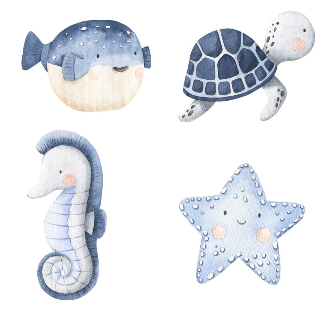 Bügelbild kleines Set aus Seestern, Kugelfisch, Seepferdchen und Schildkröte