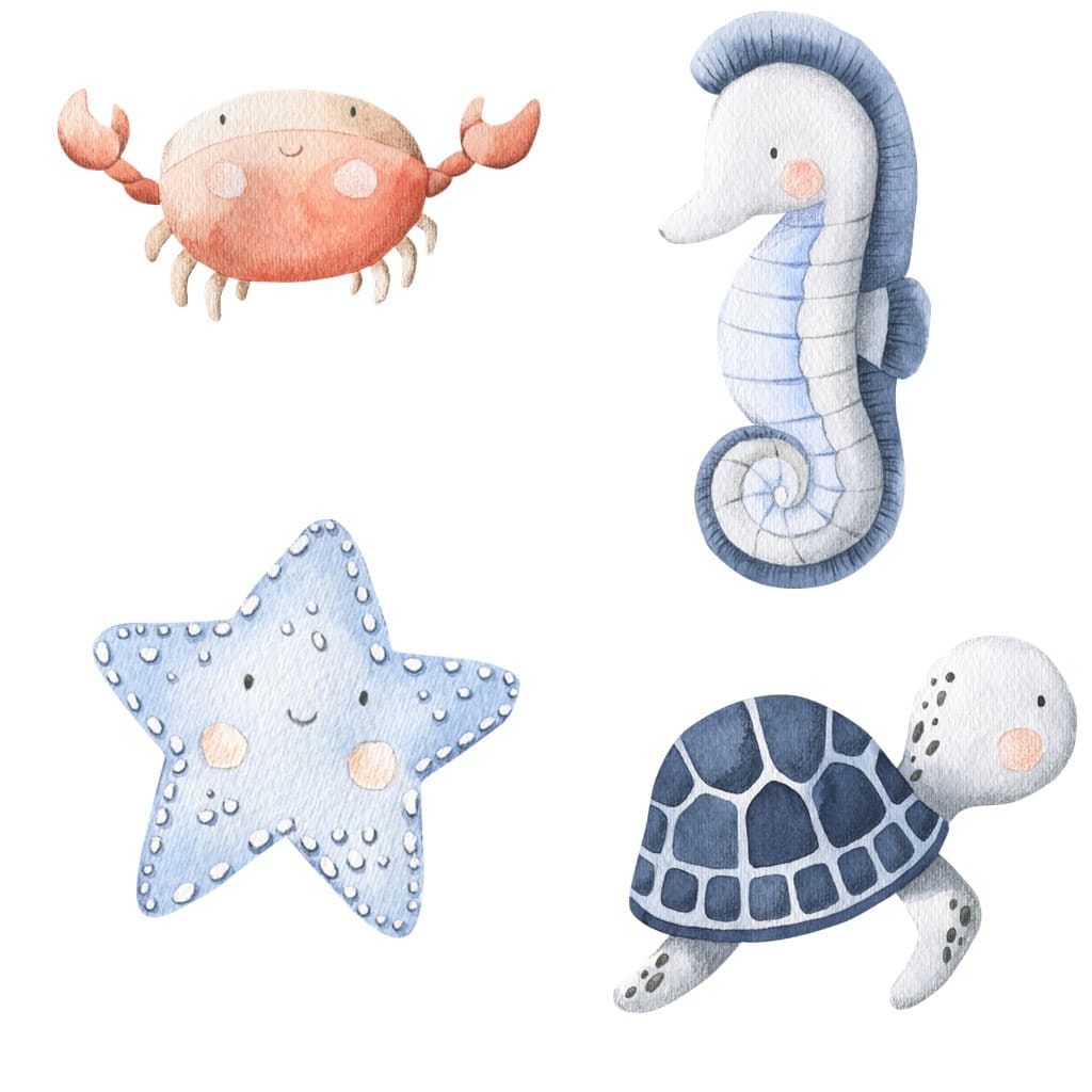 Bügelbild kleines Set aus Krabbe, Seestern, Seepferdchen und Schildkröte