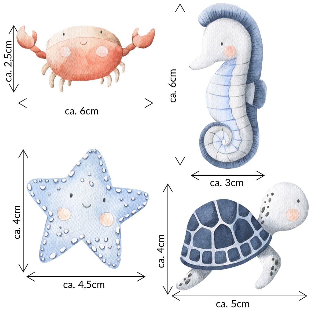 Bügelbild kleines Set aus Krabbe, Seestern, Seepferdchen und Schildkröte