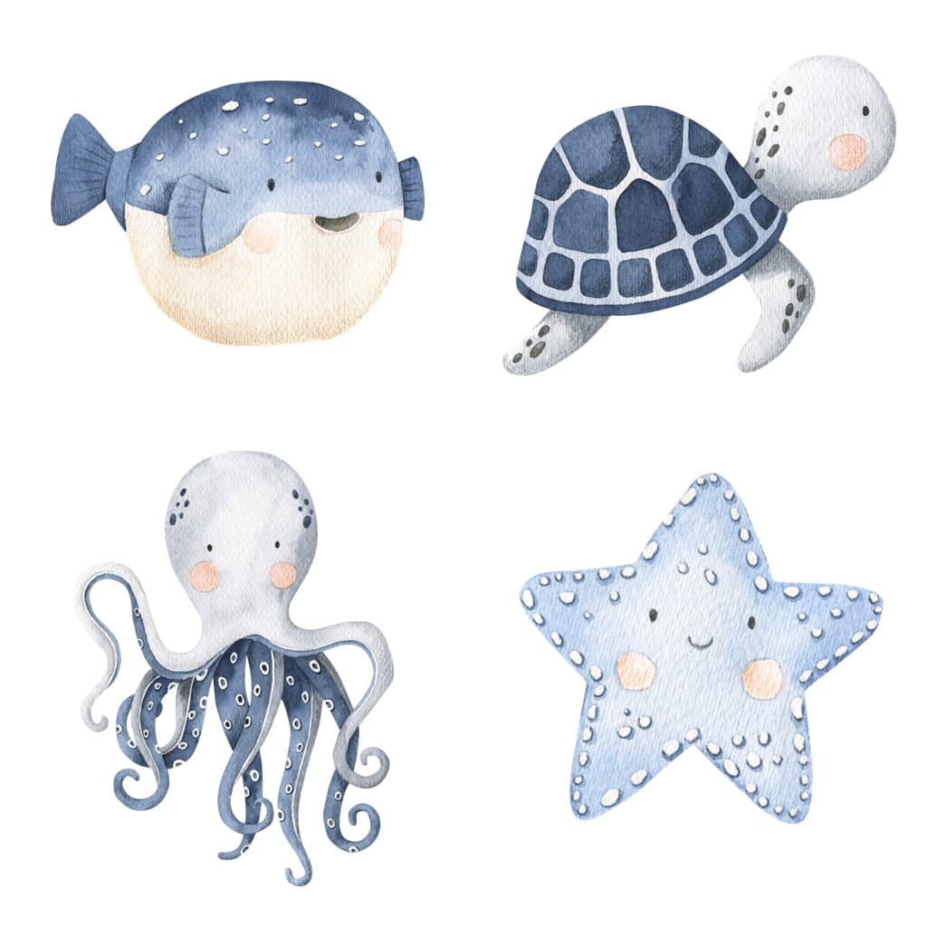 Bügelbild kleines Set aus Seestern, Kugelfisch, Krake und Schildkröte