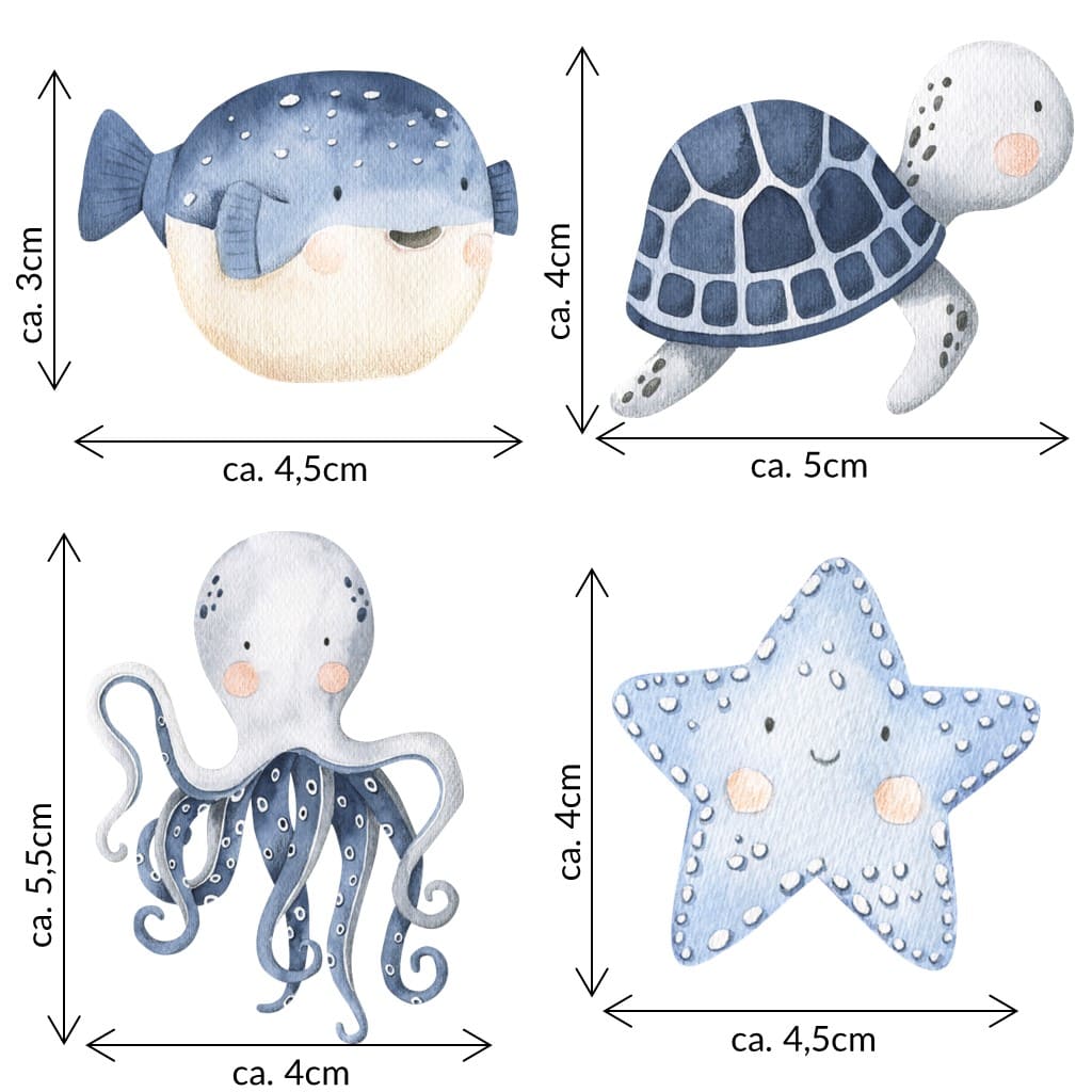 Bügelbild kleines Set aus Seestern, Kugelfisch, Krake und Schildkröte