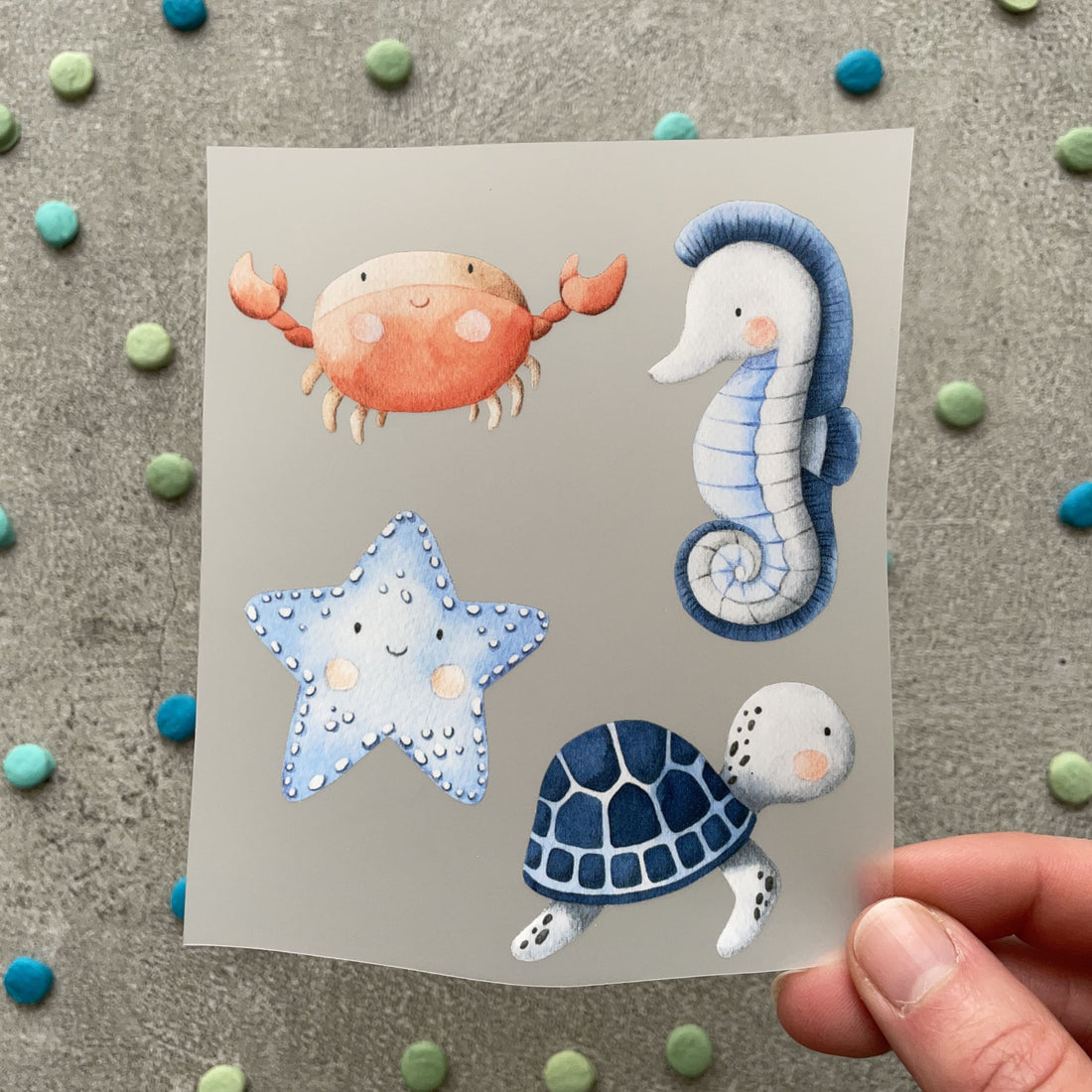 Bügelbild kleines Set aus Krabbe, Seestern, Seepferdchen und Schildkröte