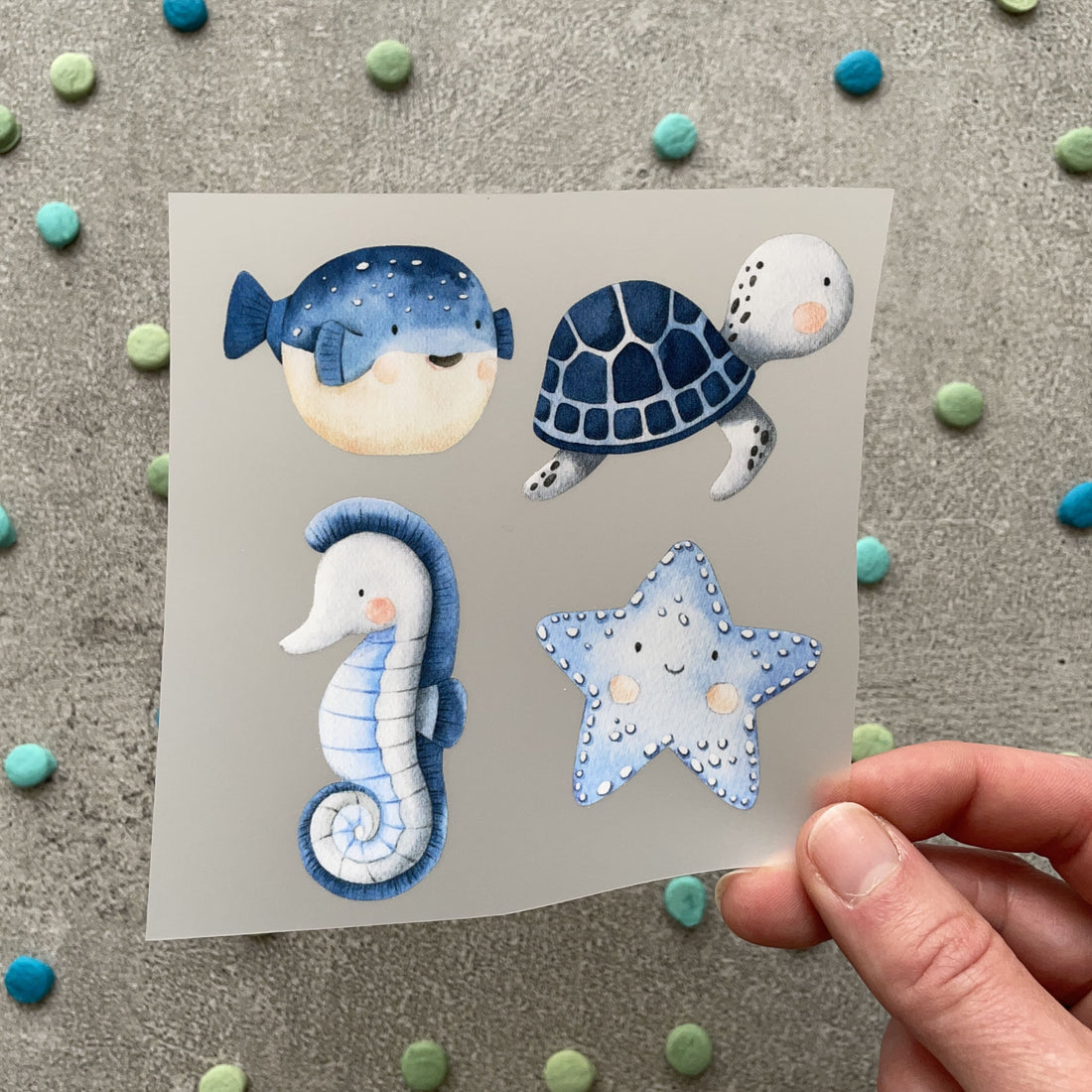 Bügelbild kleines Set aus Seestern, Kugelfisch, Seepferdchen und Schildkröte