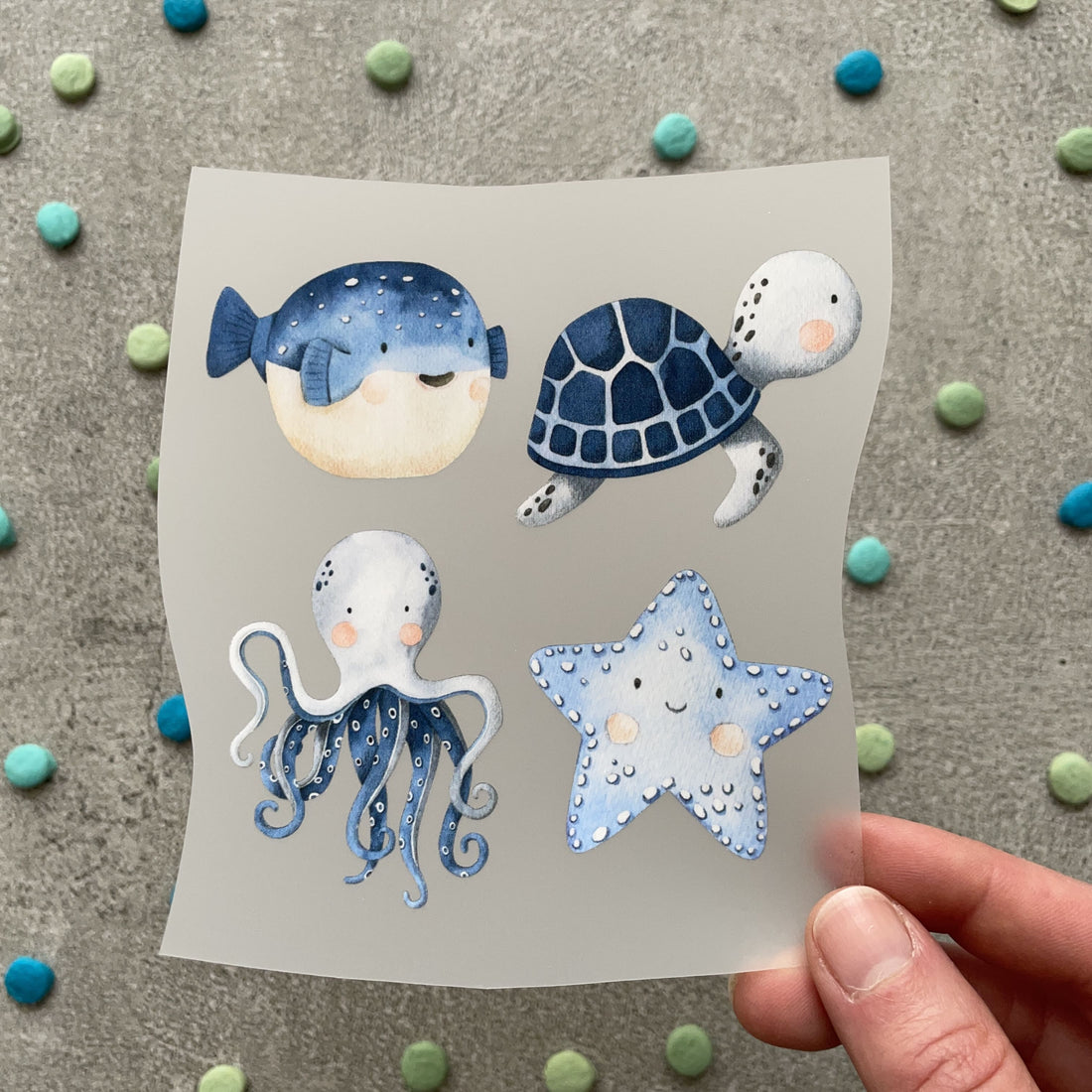 Bügelbild kleines Set aus Seestern, Kugelfisch, Krake und Schildkröte