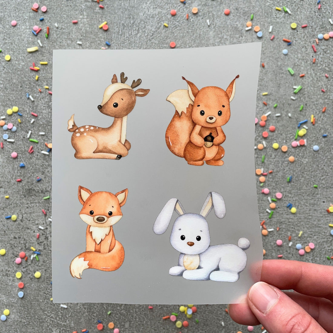 Bügelbild kleines Set aus Reh, Eichhörnchen, Fuchs und Hase