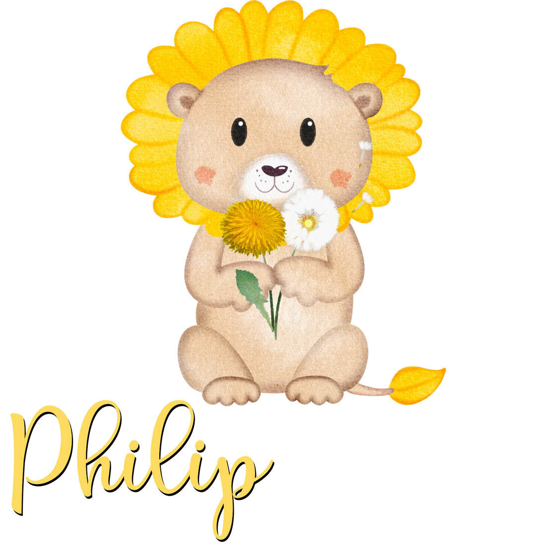 personalisiertes Bügelbild Löwe mit Löwenzahn und Pusteblume