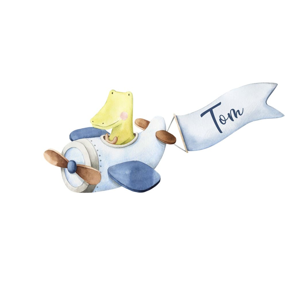 personalisiertes Bügelbild Krokodil im Flieger